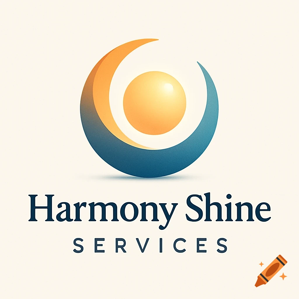 A logo with an orange and blue abstract symbol resembling a crescent surrounding a yellow sphere, with the text Harmony Shine SERVICES below.