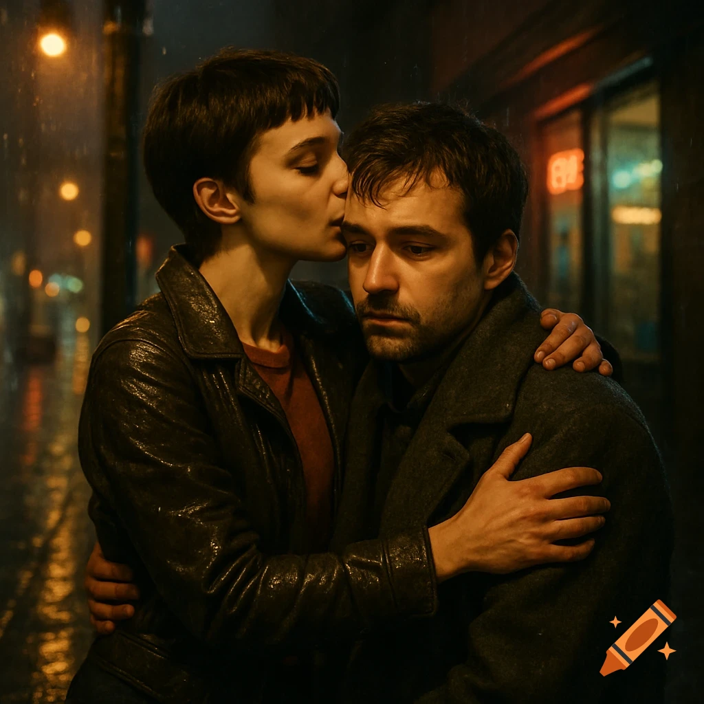 A woman with short hair kisses a sad man's forehead as they embrace on a dark, rainy city street at night.