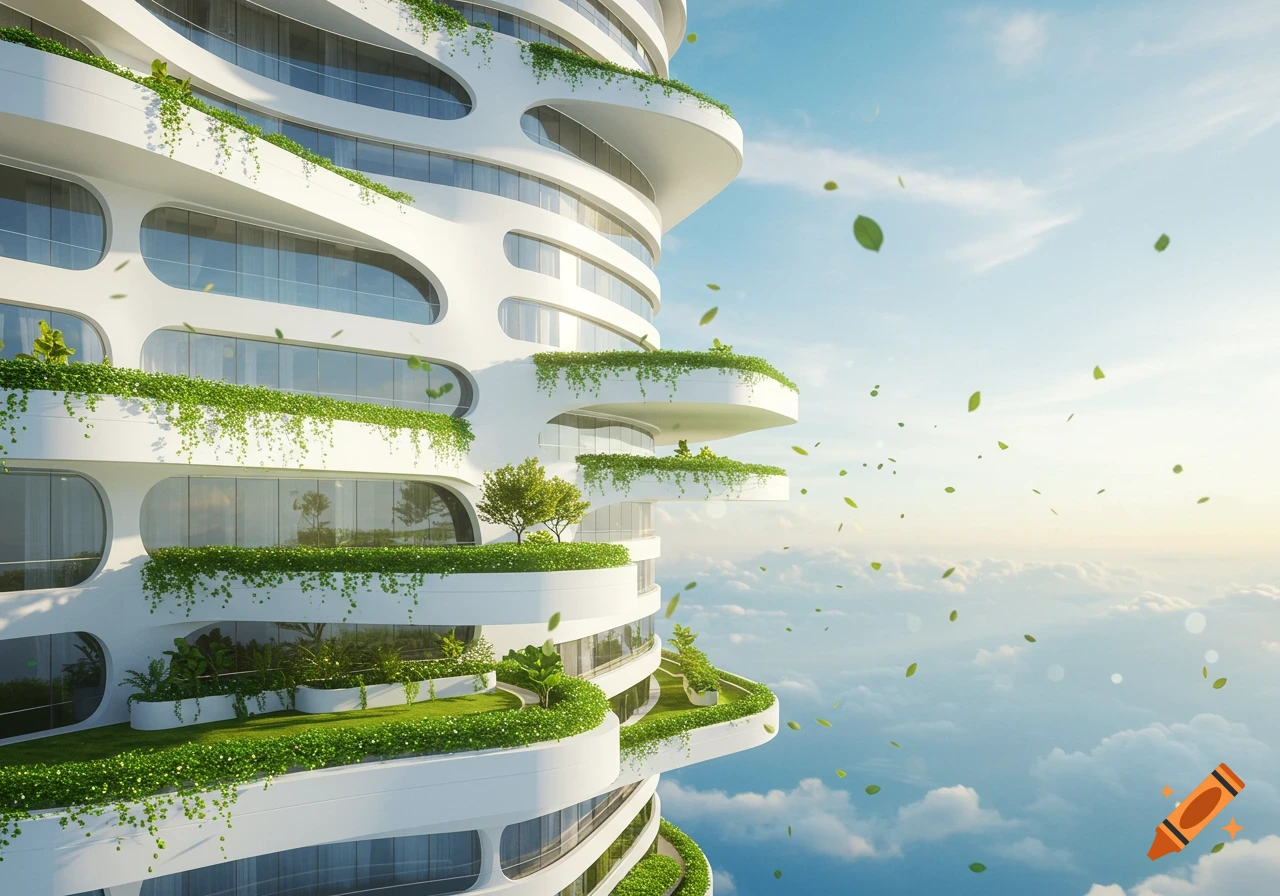 A futuristic white high-rise building with curved balconies covered in lush green plants, floating above clouds with leaves blowing.