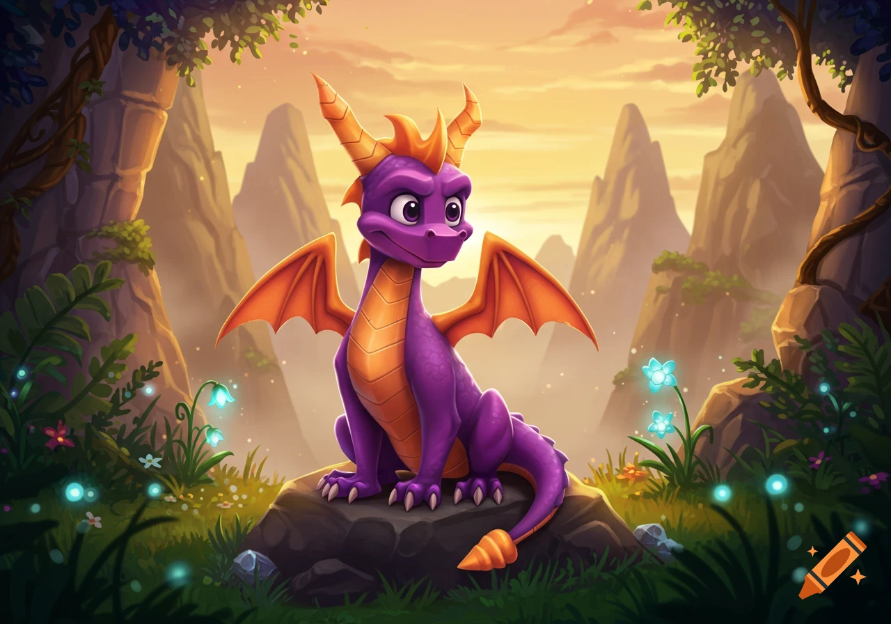 A vibrant cartoon illustration of a purple dragon, Spyro, sitting on a rock in a mystical valley at sunset with glowing plants.