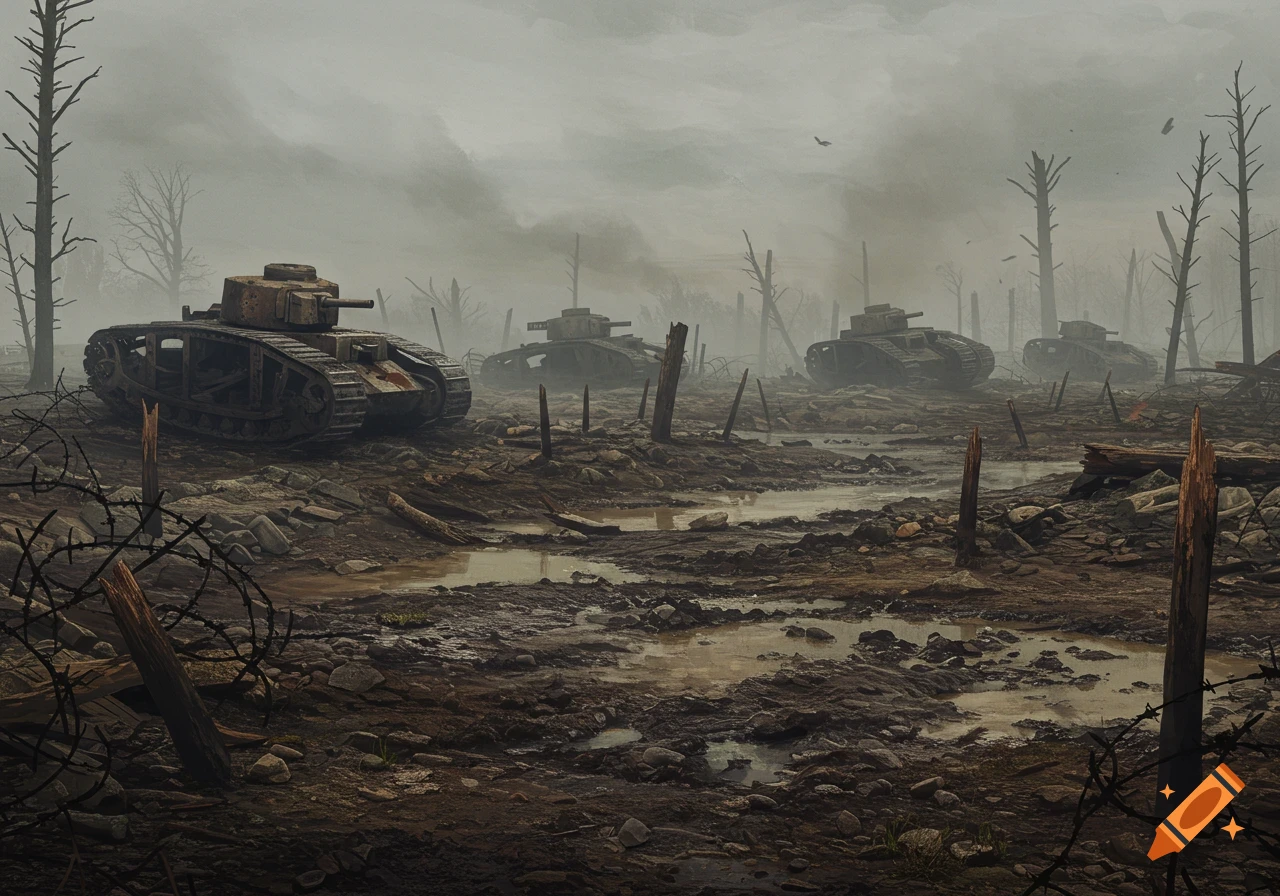 A grim WWI battlefield with several destroyed tanks, muddy ground, and barren trees under a misty sky, in a digital painting style.