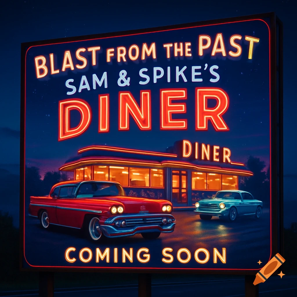 Retro neon billboard for Sam & Spike's Diner Coming Soon, with a red 1950s car parked and a blue one driving up at night.