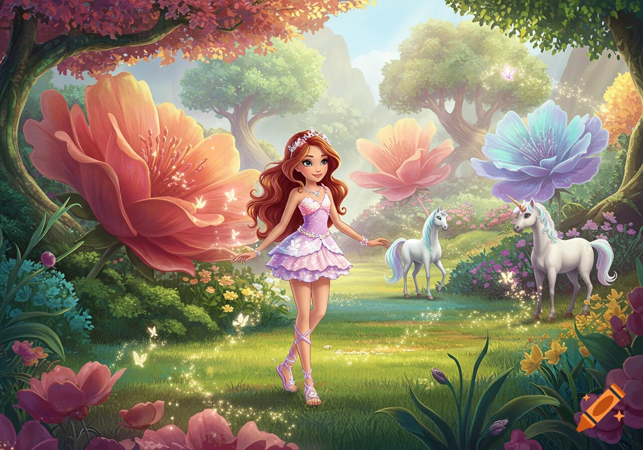 A magical girl with long brown hair in a pink dress stands in a vibrant fantasy forest with two white unicorns, giant flowers, and sparkling butterflies.