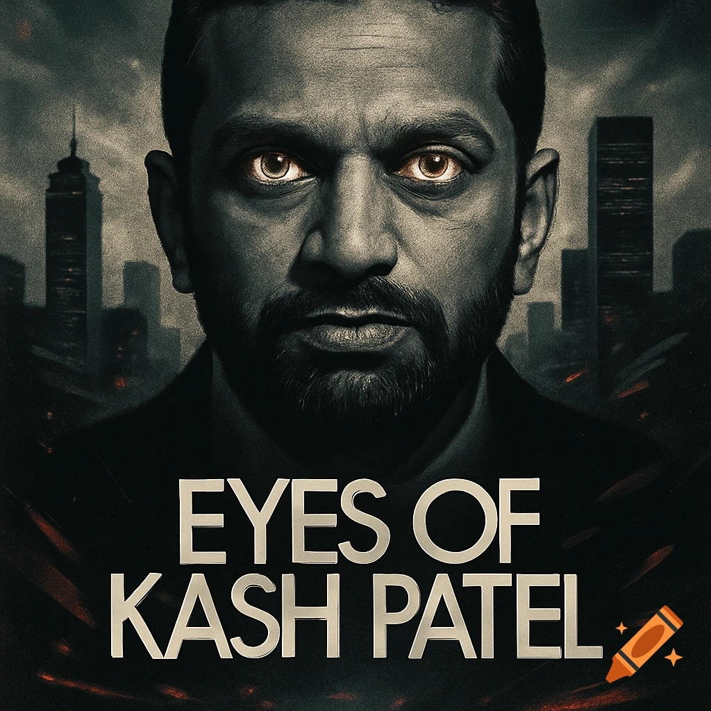 Dramatic portrait of a serious man with glowing eyes over a dark city, with 'EYES OF KASH PATEL' text.