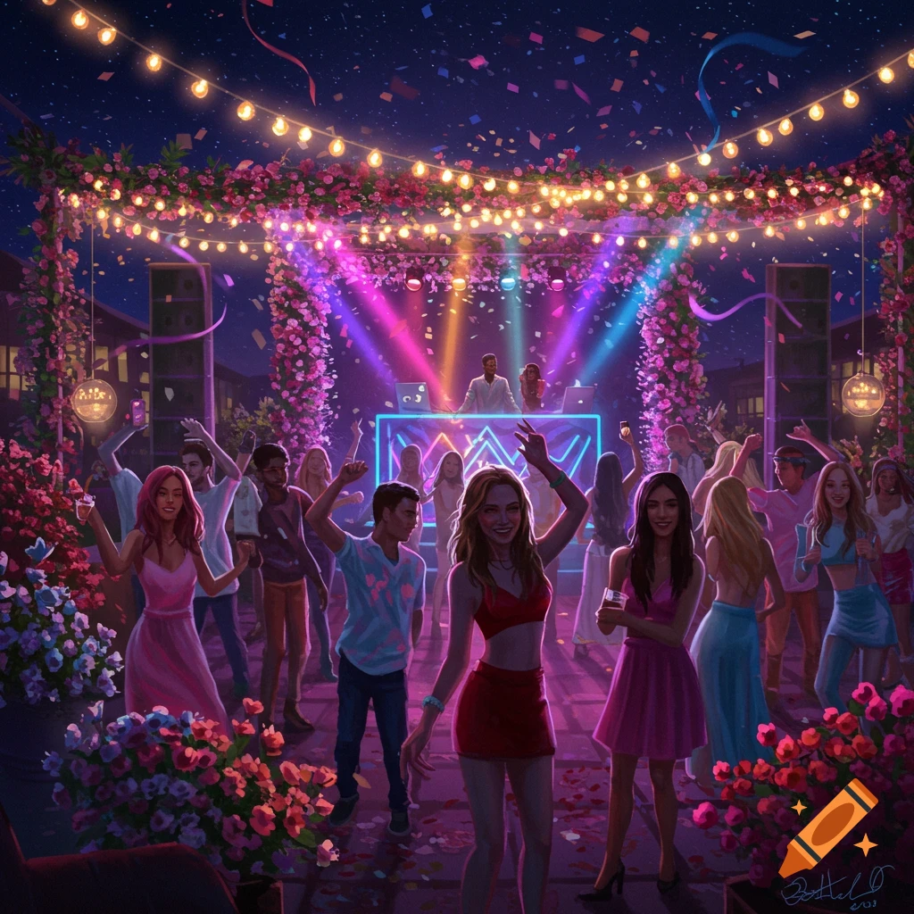 Vibrant stylized illustration of a night party with people dancing under string lights, colorful stage lights, flowers, and confetti.
