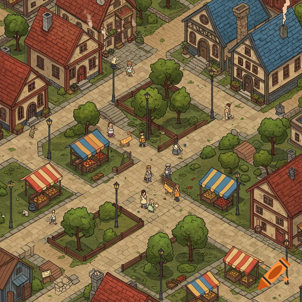 Isometric illustration of a lively medieval town square with buildings, market stalls, trees, and small figures.