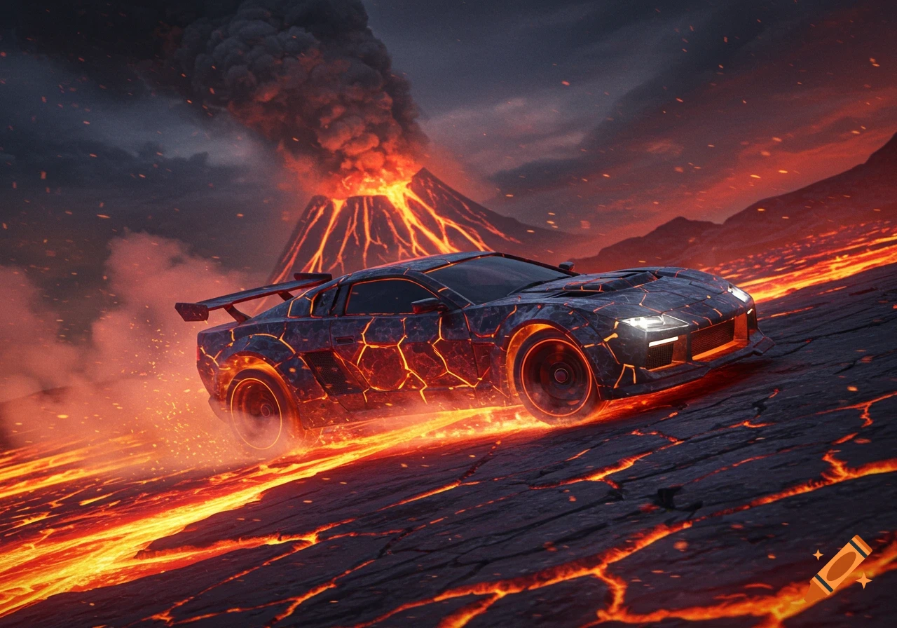 A lava-textured sports car drives on a flowing river of lava with an erupting volcano under a fiery sunset sky.