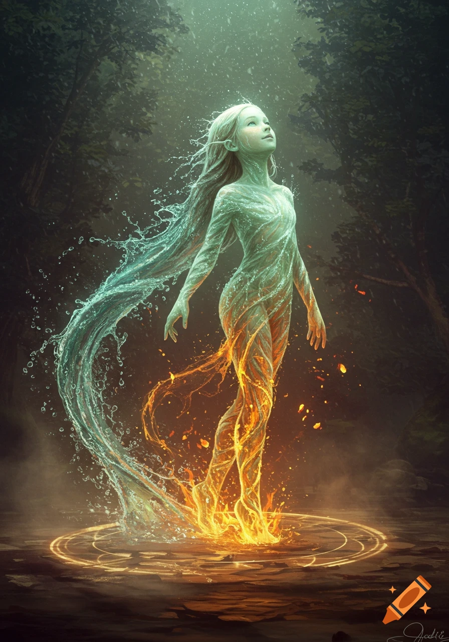 A fantasy elemental girl composed of glowing water and fire stands in a dark forest, looking upwards, with a magical circle on the ground.
