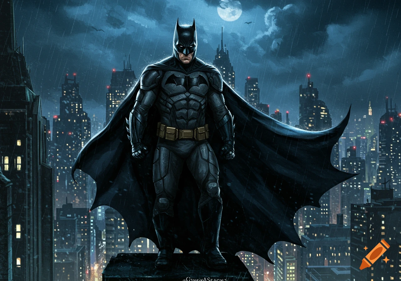 Batman, in a dark armored suit and cape, stands on a rainy Gotham City rooftop at night, full moon above skyscrapers.
