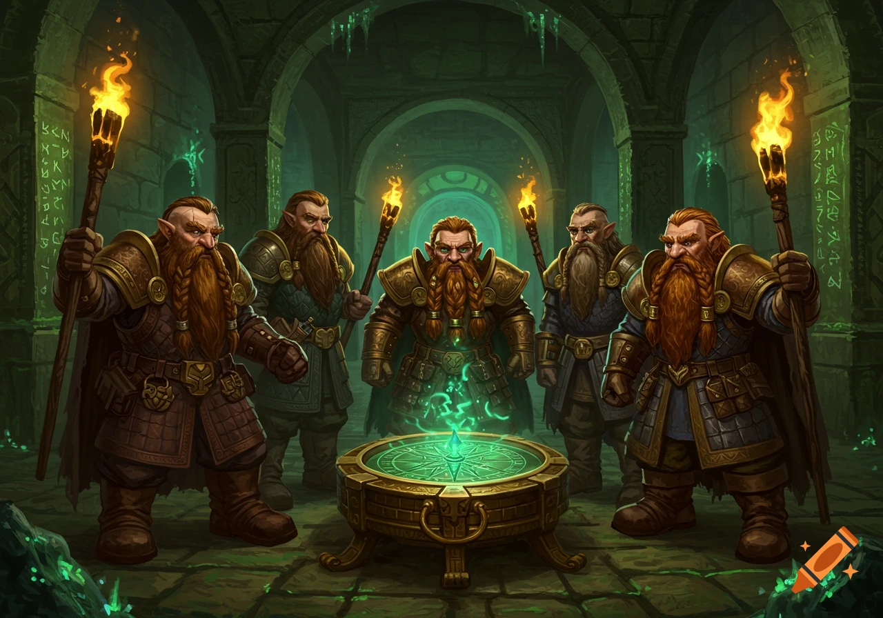 Five armored dwarves with torches gather around a glowing green compass in a dark, runic cavern, fantasy art.