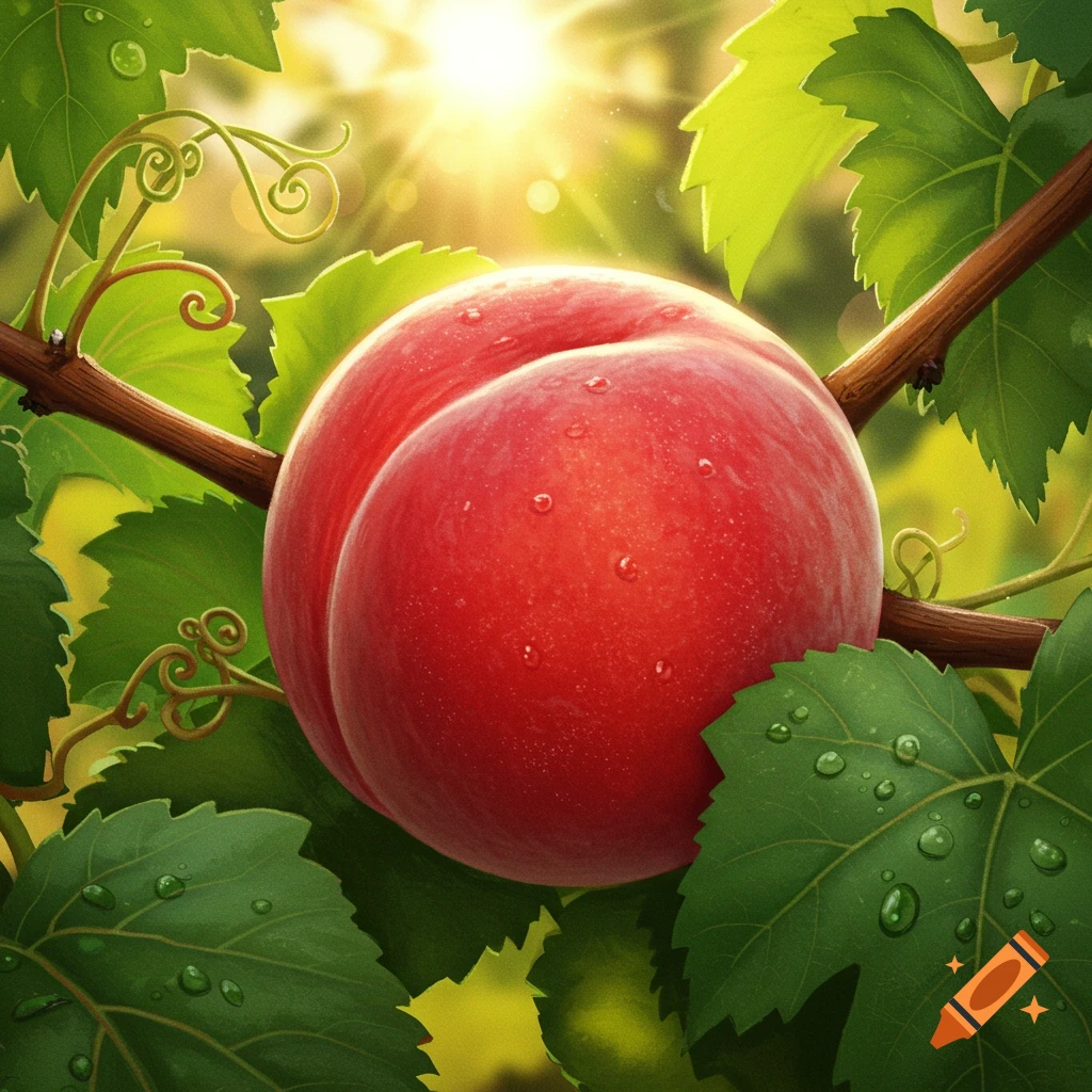 Close-up of a vibrant red peach covered in dewdrops, nestled among green grape leaves with bright sunlight filtering through.