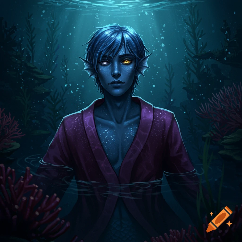 A blue-skinned merperson with heterochromatic eyes and blue hair wears a purple robe while partially submerged in dark water surrounded by plants and coral.