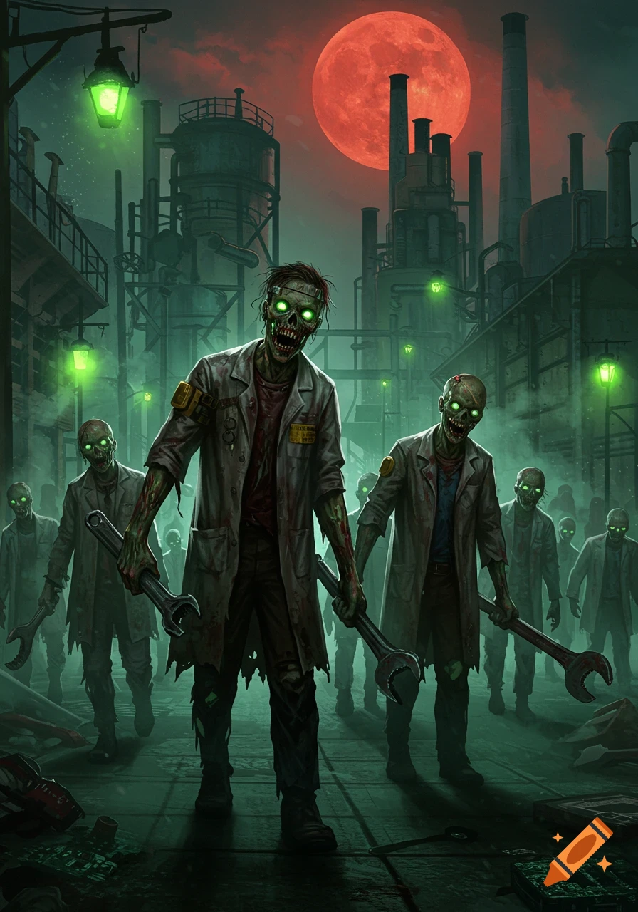 A horde of grotesque zombie engineers with glowing green eyes and tattered lab coats walk forward, holding large wrenches, in front of a spooky, dark industrial background with a red full moon.