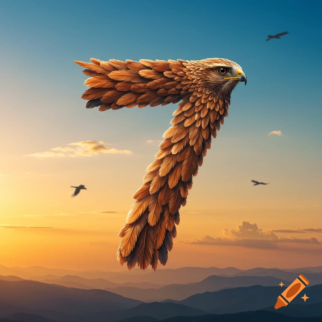 A majestic hawk, formed into the shape of the number seven, soars over a serene mountain landscape at sunset.