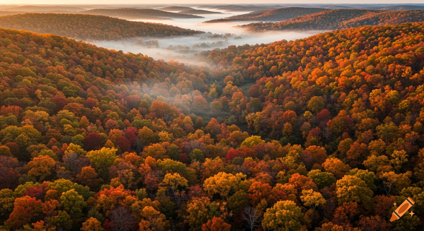 Aerial view of an autumn forest with vibrant red, orange, and yellow trees, mist filling the valleys at dawn.