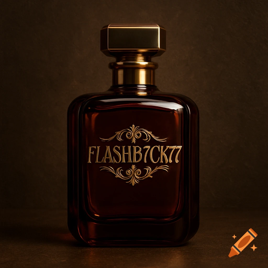 A brown glass perfume bottle with gold text "FLASHB7CK77" and decorative engravings on a dark textured background.