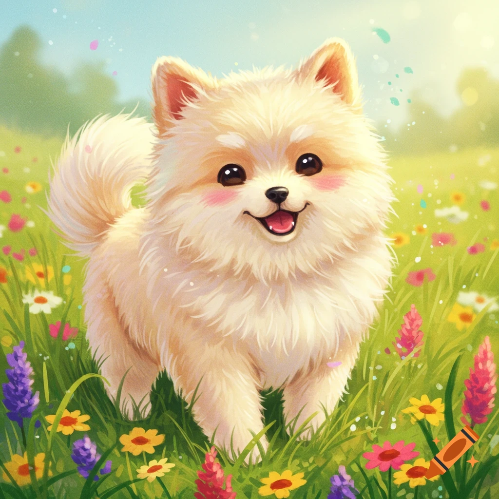 A fluffy white Pomeranian puppy with rosy cheeks smiles happily in a vibrant field of colorful wildflowers, in an illustration style.