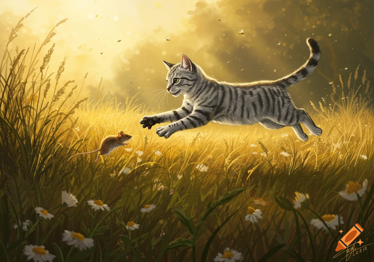 A tabby cat leaps through a golden, sunlit field to chase a small brown mouse amidst daisies in a digital painting.