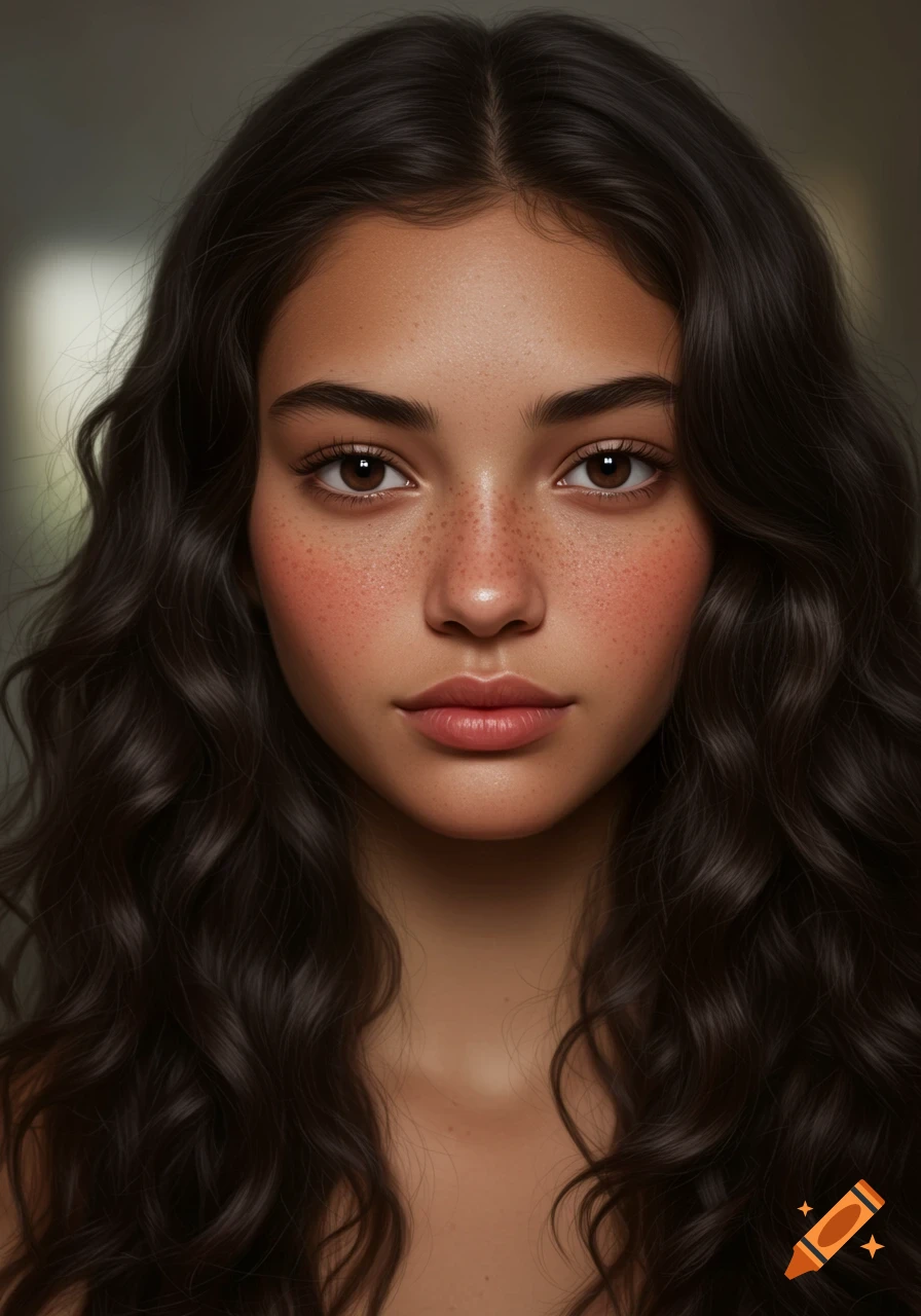 Photorealistic portrait of a young woman with dark brown wavy hair, brown eyes, freckles, and natural lips.