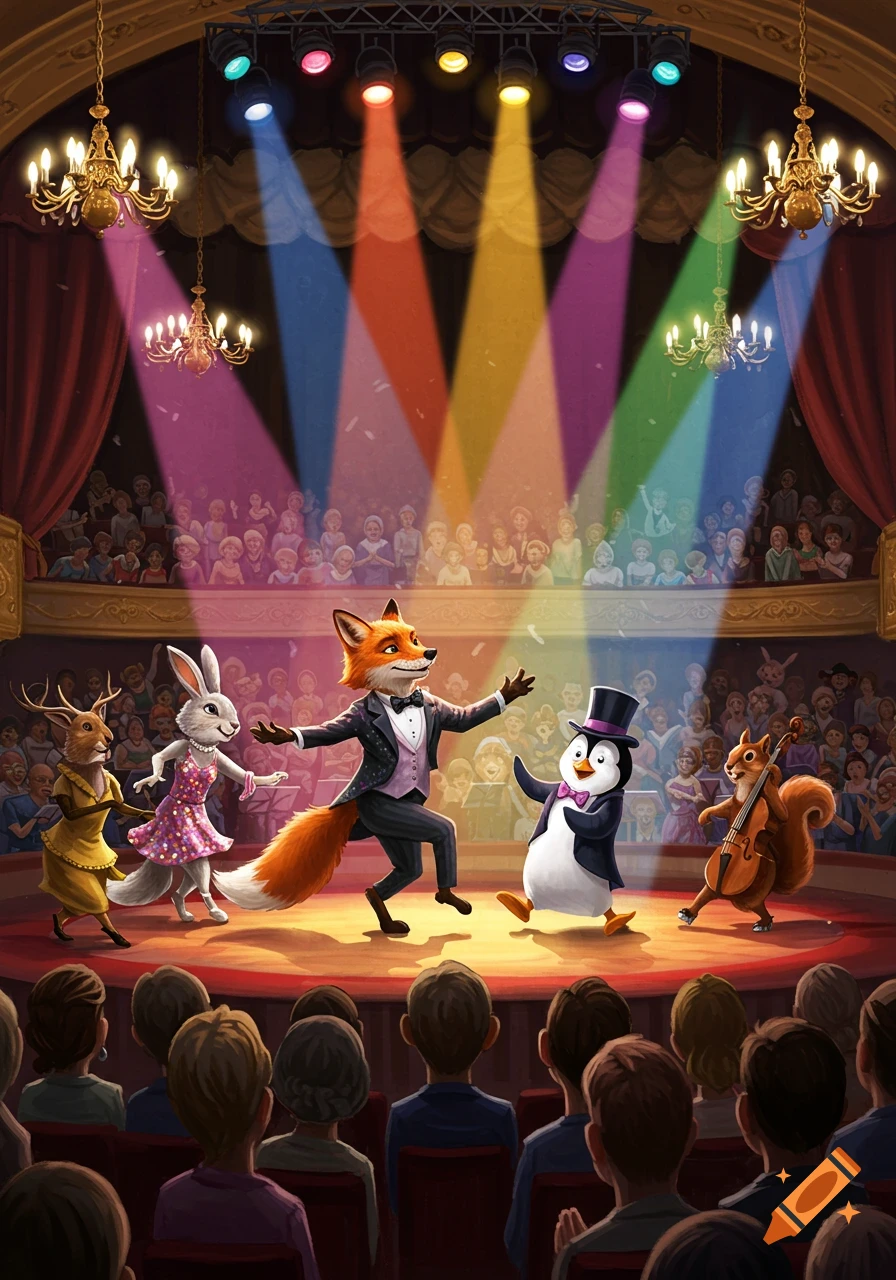 A fox, rabbit, deer, penguin, and squirrel perform on a stage under colorful spotlights for a theater audience.
