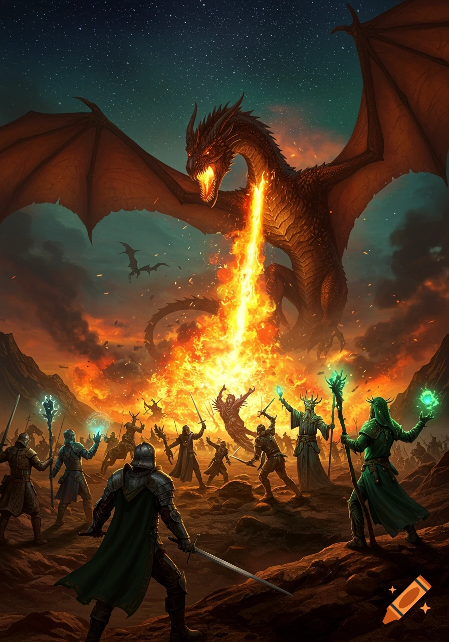 A giant fire-breathing dragon battles an army of knights, wizards, and druids on a fiery landscape under a starry sky.