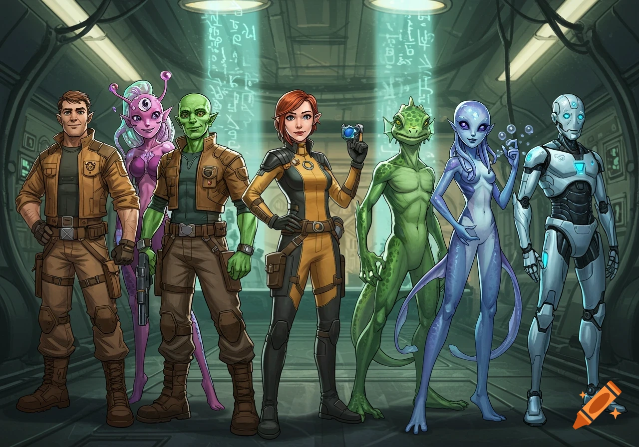 A line-up of diverse cartoon sci-fi characters including humans, aliens (cyclops, green, reptilian, aquatic), and a robot in a spaceship.