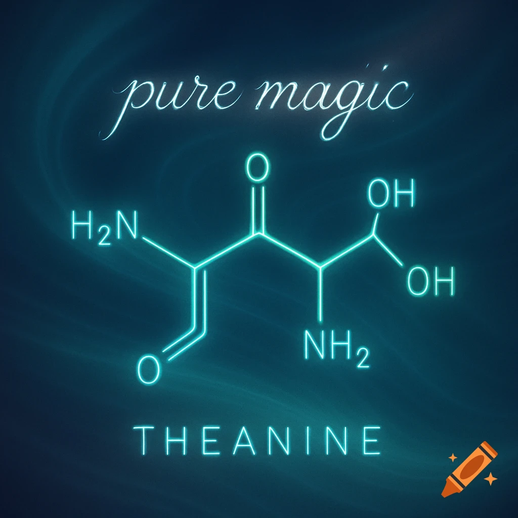 Neon blue glowing chemical structure of Theanine with 'pure magic' above and 'THEANINE' below.