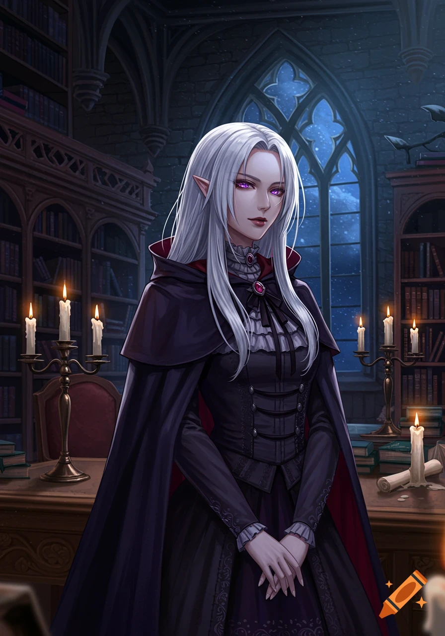 Anime-style vampire woman with white hair, purple eyes, and a gothic dress stands in a dimly lit library with candelabras.