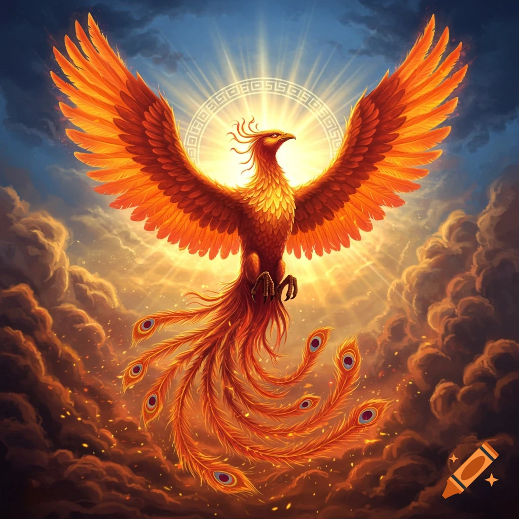 A majestic phoenix with brilliant orange and red feathers spreads its wings in a vibrant sky, surrounded by golden light and fiery clouds.