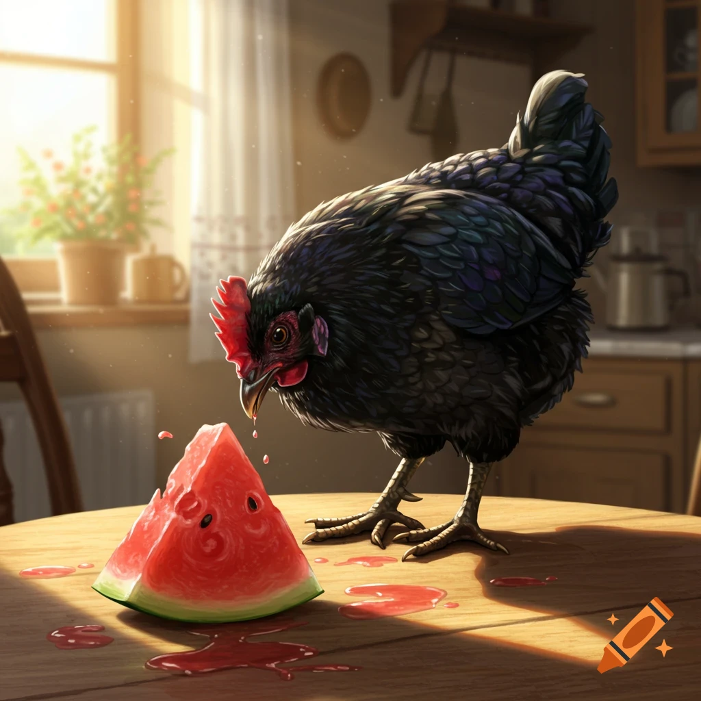 A black chicken pecks a watermelon slice on a wooden table in a sunlit kitchen, with red juice spilling.