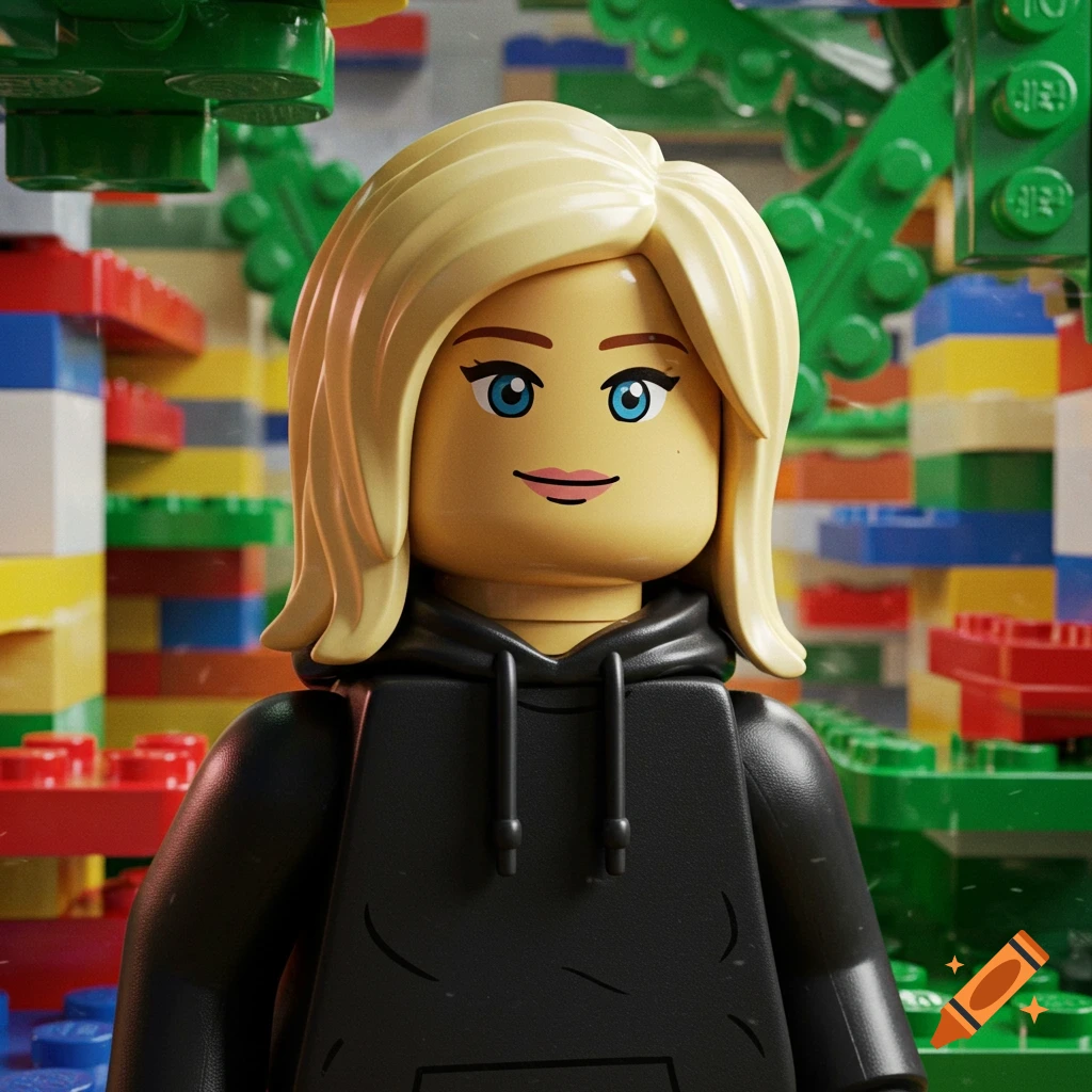 A 3D render of a blonde Lego minifigure girl with blue eyes and a black hoodie against a colorful Lego brick background.