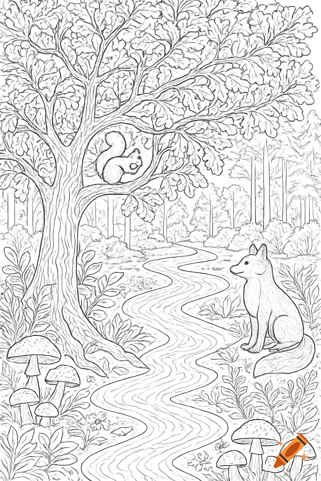 Line art coloring page of a forest scene with a squirrel in a tree, a fox by a winding river, and mushrooms.