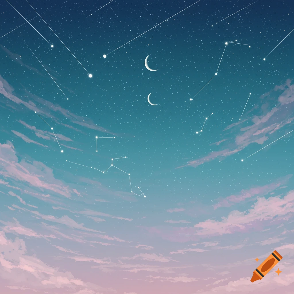 A stylized teal and pink sky filled with stars, constellations, two crescent moons, shooting stars, and soft clouds below.