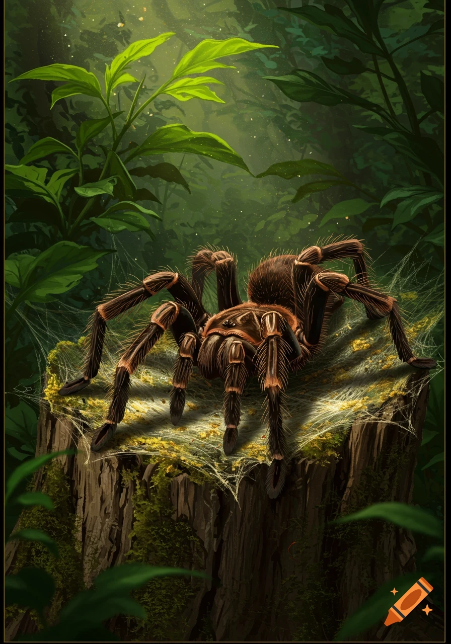 A detailed digital art of a large tarantula on a mossy tree stump with webs in a lush green jungle.