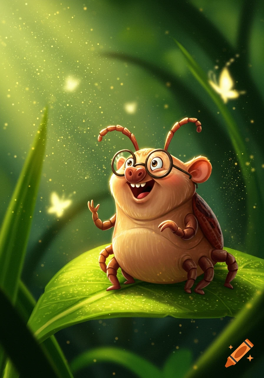 A cheerful, anthropomorphic cartoon bug wearing glasses sits on a lush green leaf, waving under sparkling light.