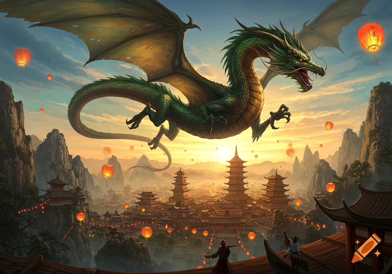 A majestic green dragon flies over a vibrant ancient Asian village with pagodas and mountains at sunset, illuminated by glowing red lanterns.