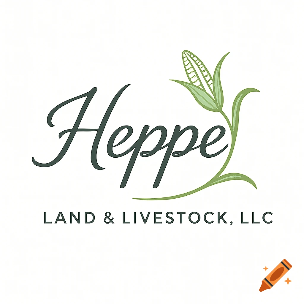 Logo for Heppe Land & Livestock, LLC with a script 'Heppe' and a stylized corn plant.
