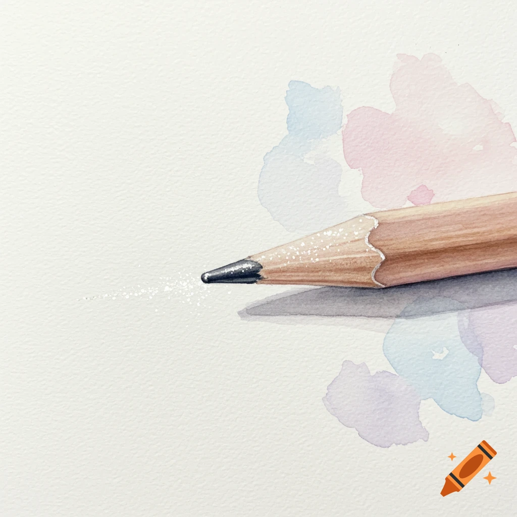 Watercolor painting of a sharpened pencil with glitter on its tip, surrounded by pastel watercolor splashes.