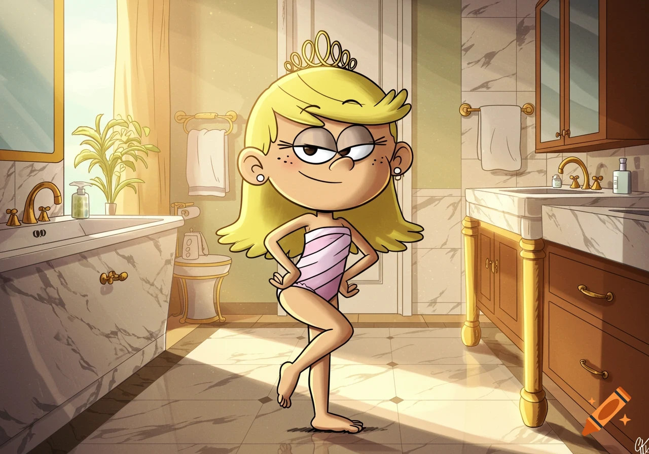 Lola Loud from The Loud House, wearing a pink swimsuit and tiara, strikes a pose in a luxurious cartoon bathroom.