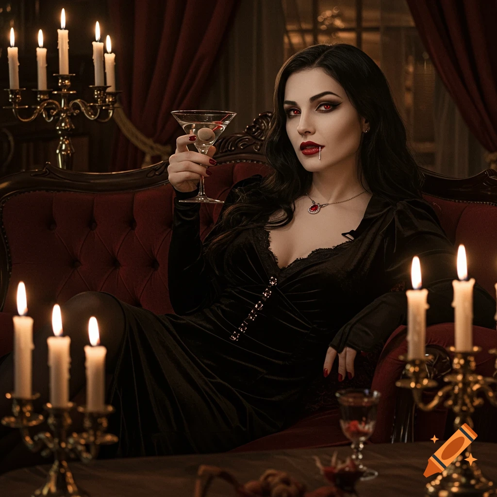 Photorealistic vampire woman with red eyes, a drop of blood on her lip, holding a martini glass in a candlelit gothic room.