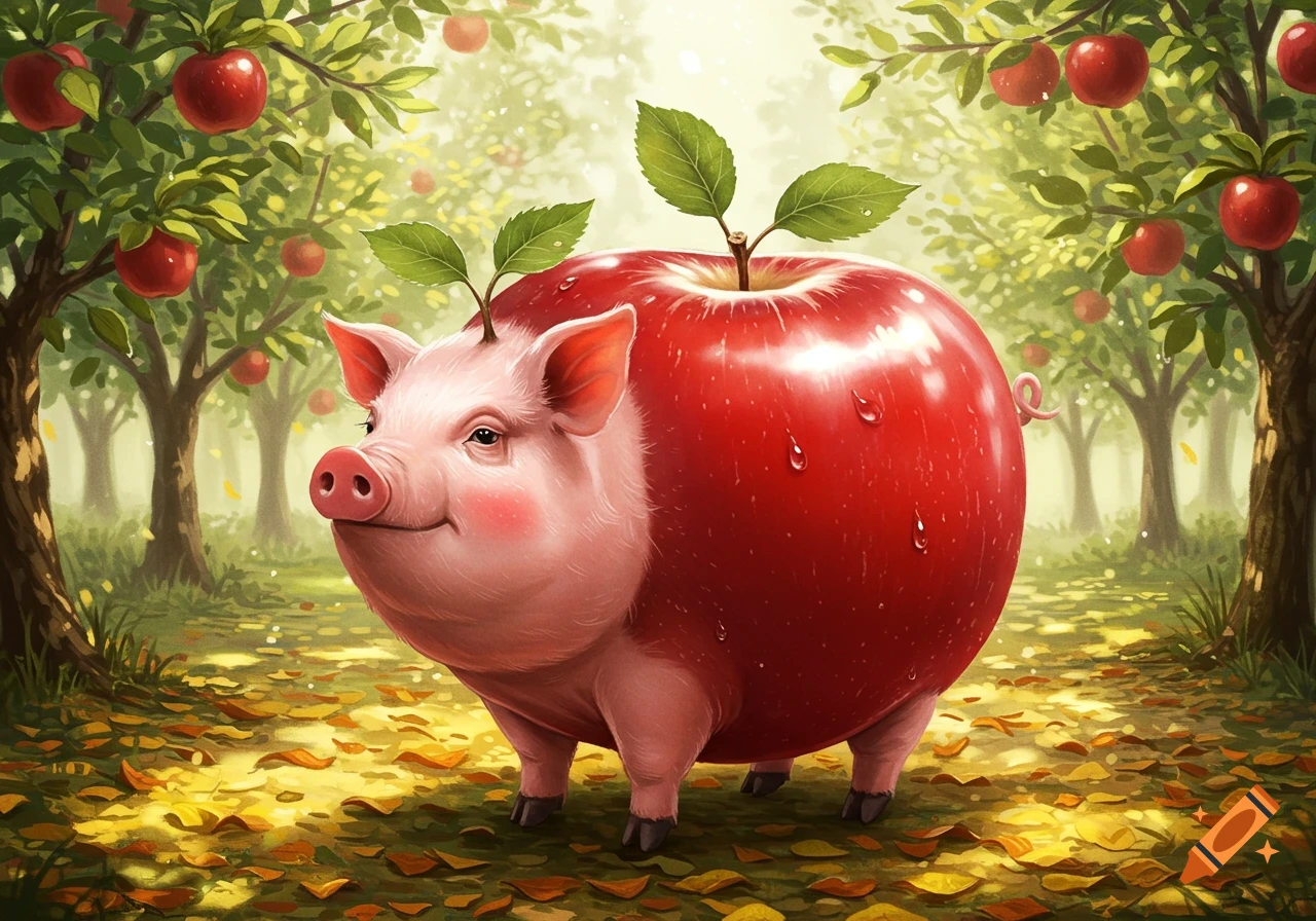 A whimsical pig with a shiny red apple body and green leaves stands smiling in a sunlit apple orchard with fallen leaves.