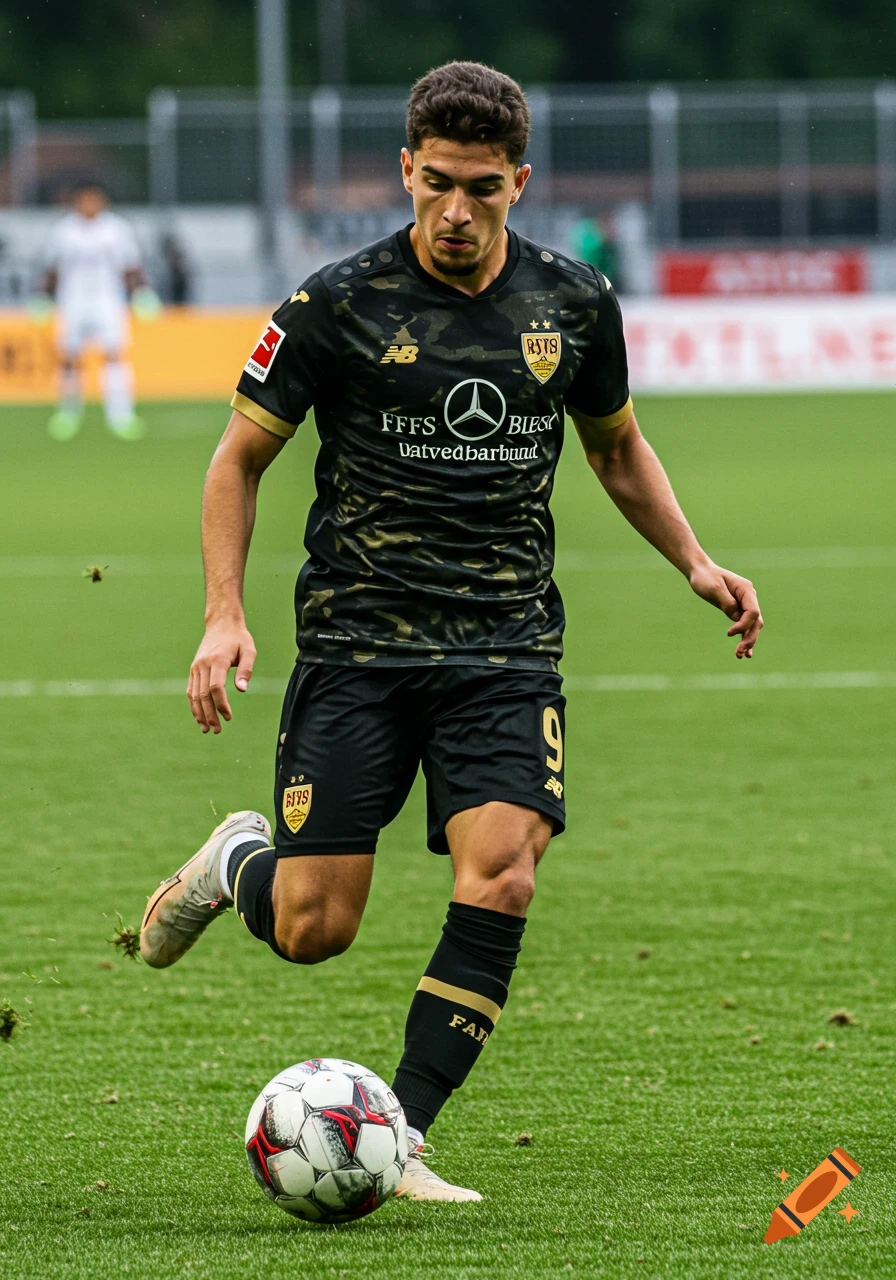 A male soccer player in a black and gold uniform with number 9 dribbles a ball on a green field during a game.