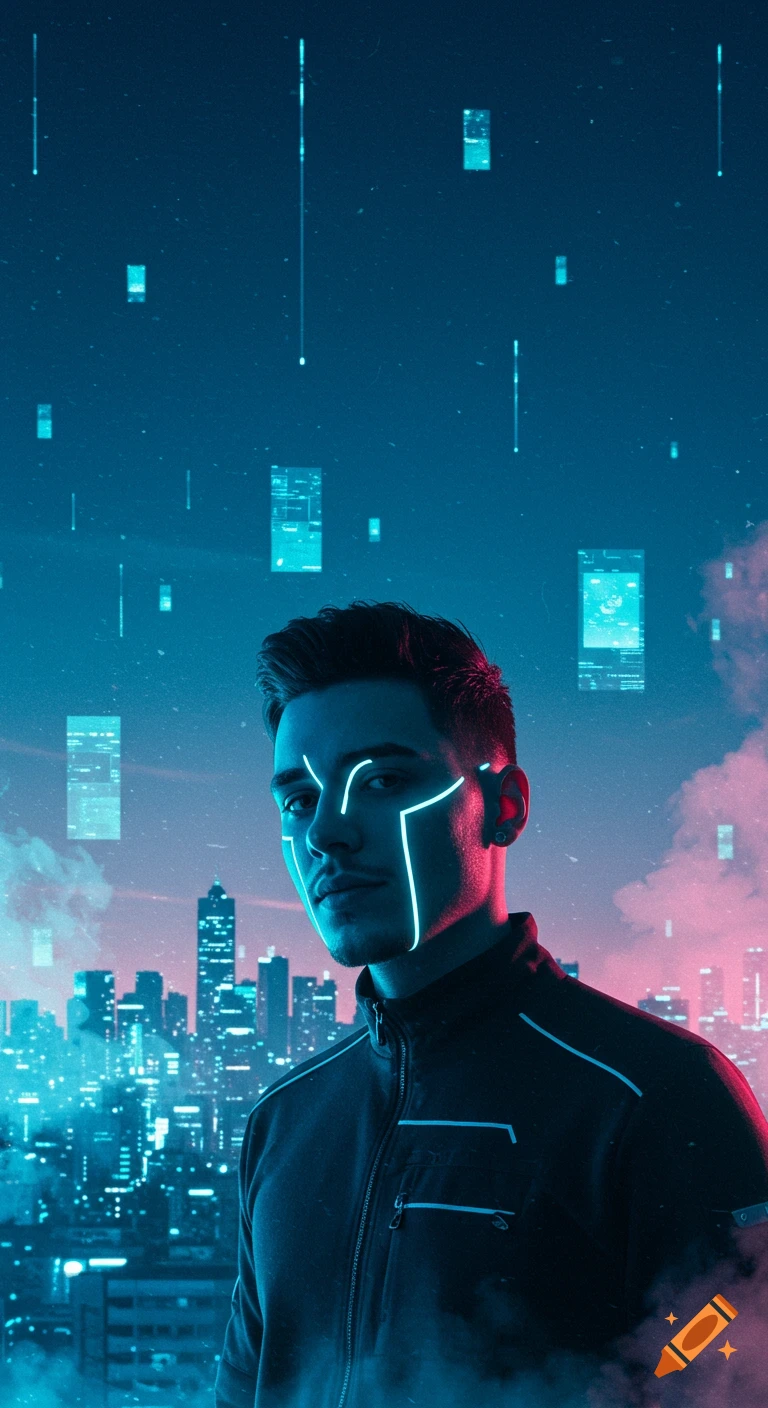 A man with glowing neon lines on his face and jacket stands before a futuristic city skyline with glowing data elements in a blue and pink neon lit sky.