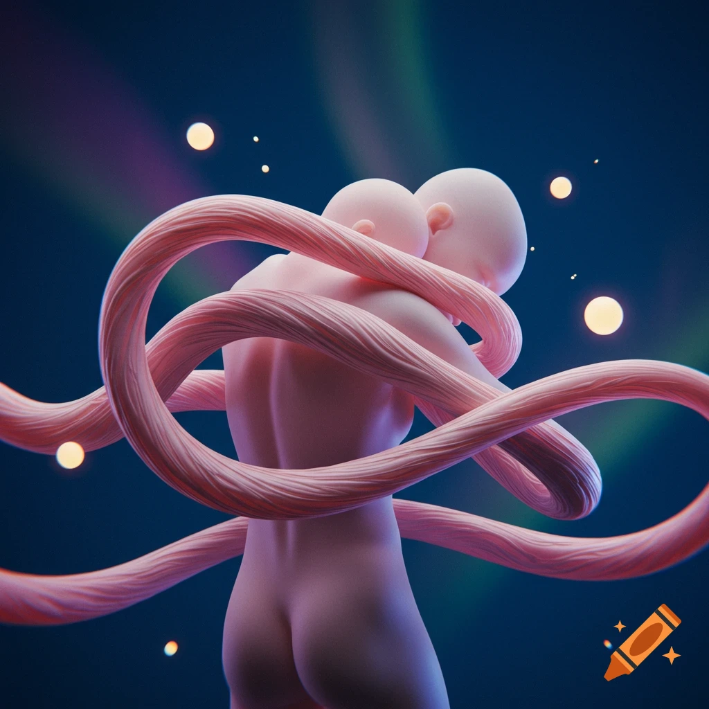 Stylized light pink figures embraced by rope-like arms against a dark blue background with glowing lights and colorful streaks, in a digital art style.