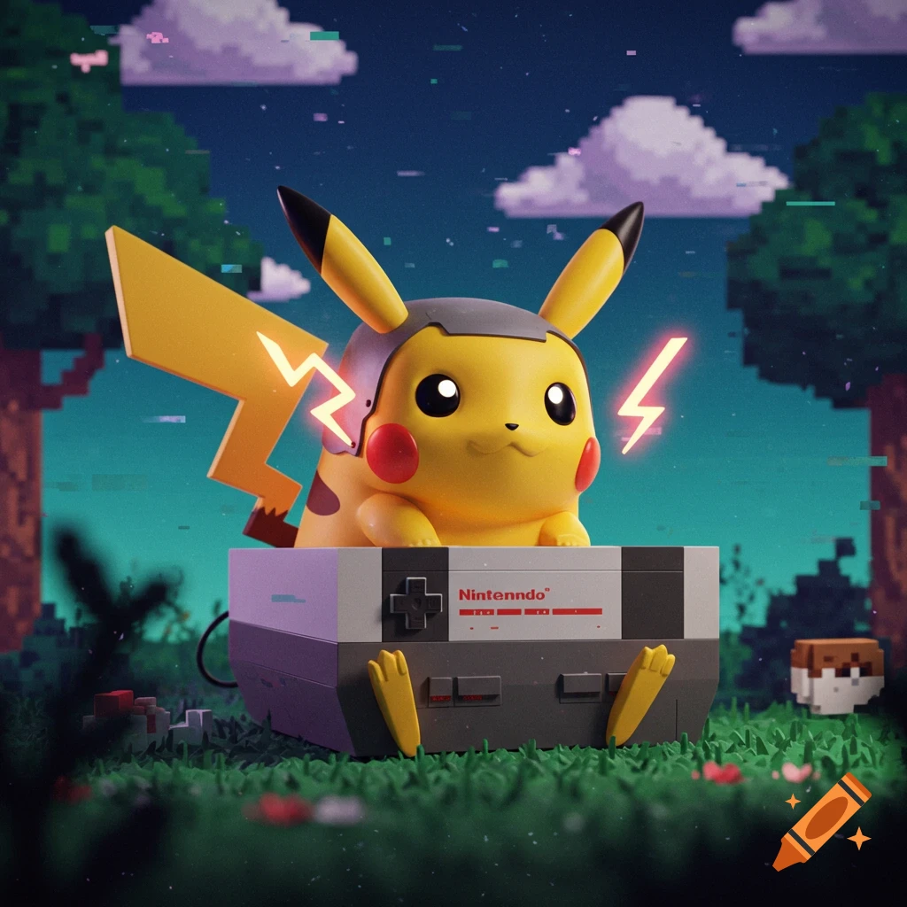 Pikachu with a helmet sits on a classic Nintendo Entertainment System in a vibrant pixel art landscape with glowing lightning.