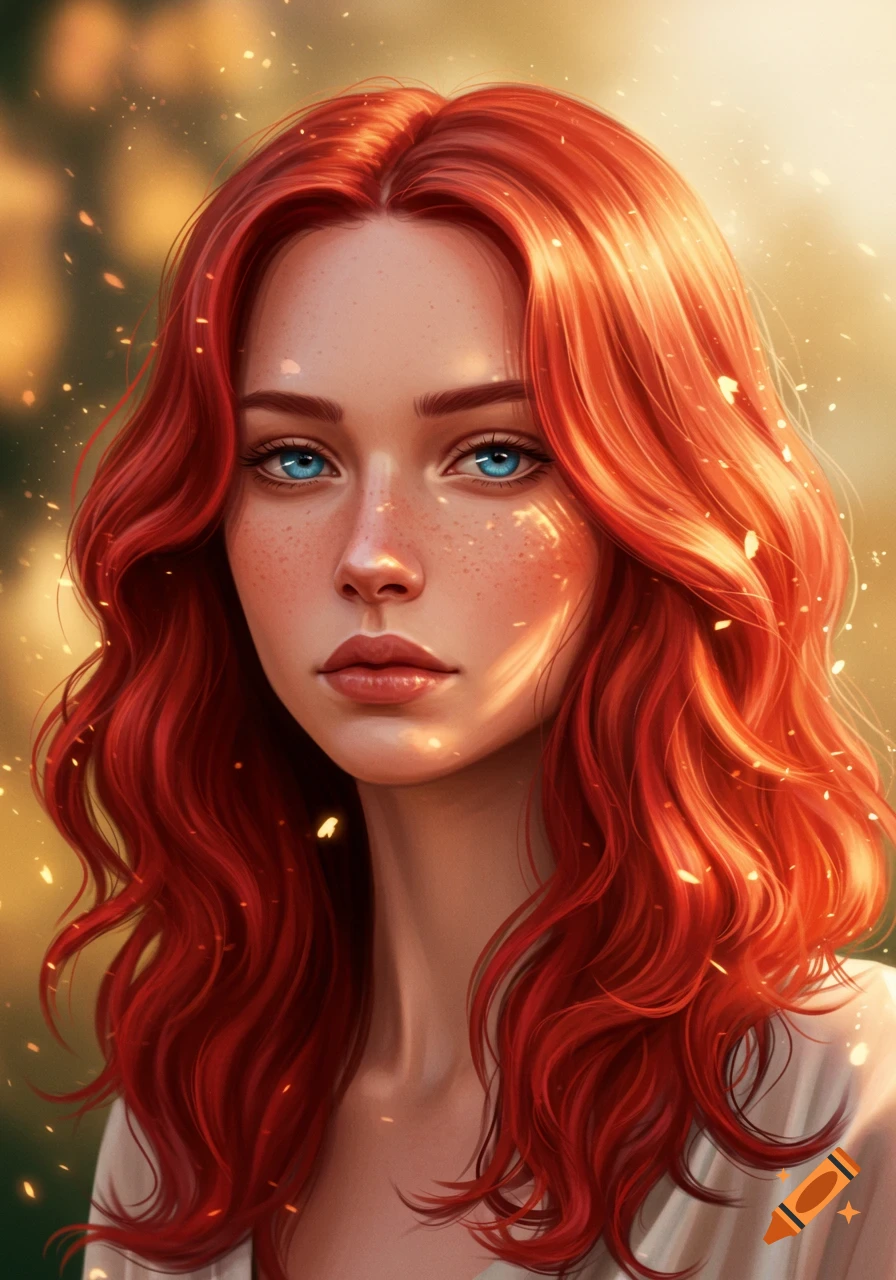 Digital art portrait of a red-haired woman with striking blue eyes and freckles, soft golden light.