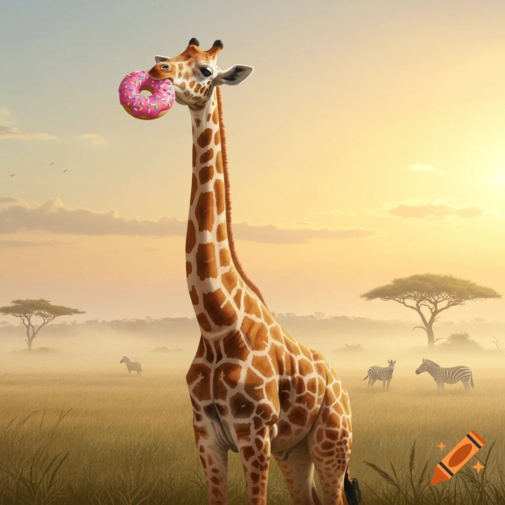 A photorealistic giraffe holds a pink frosted donut in its mouth, standing in a misty African savanna at sunset with zebras and acacia trees in the background.
