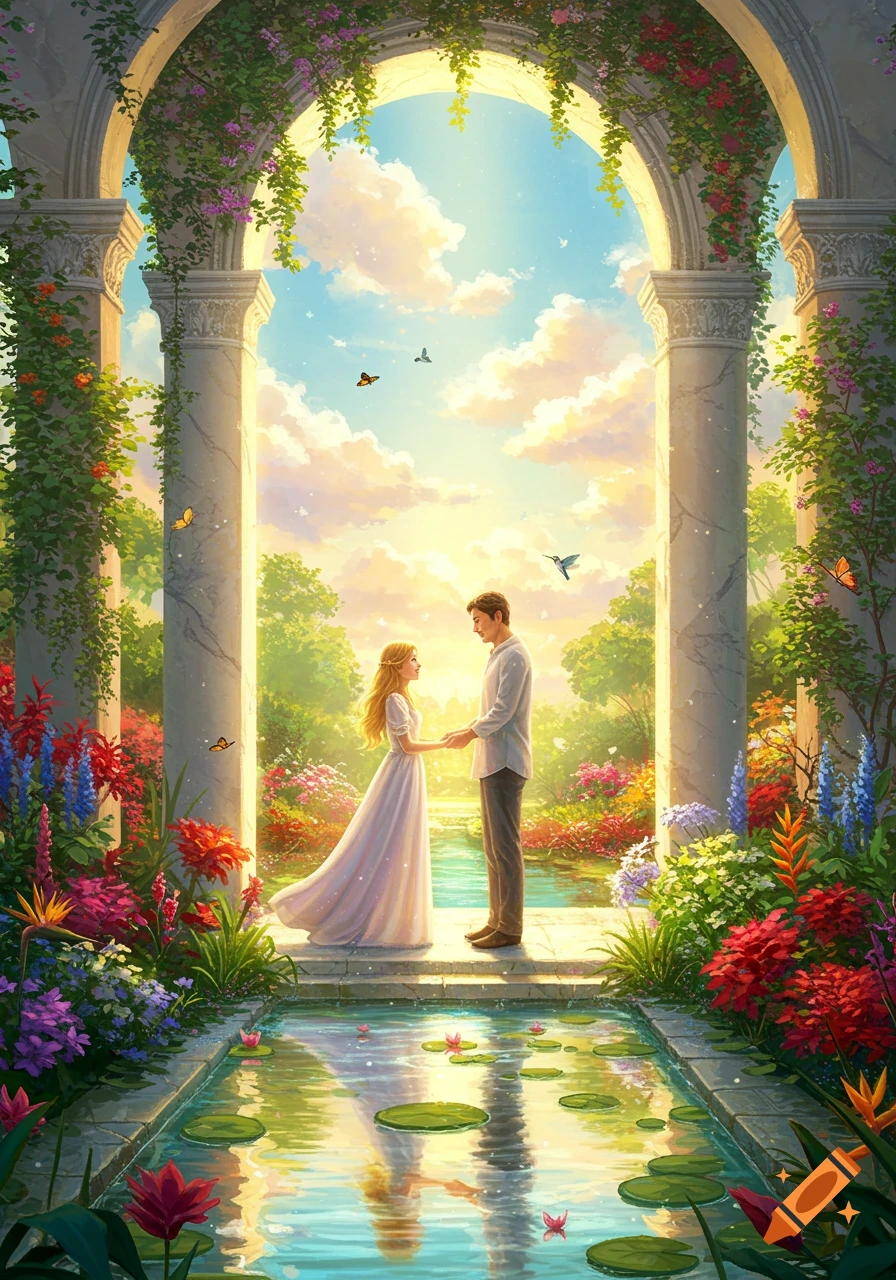 A man and a woman hold hands under a flower-covered archway in an idyllic, vibrant garden with a reflective pool.