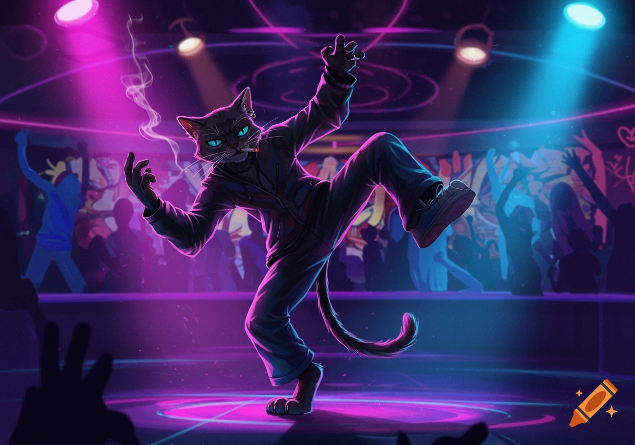 A stylized black cat breakdances and smokes a cigarette in a vibrant, neon-lit nightclub, with silhouettes of dancers in the background.