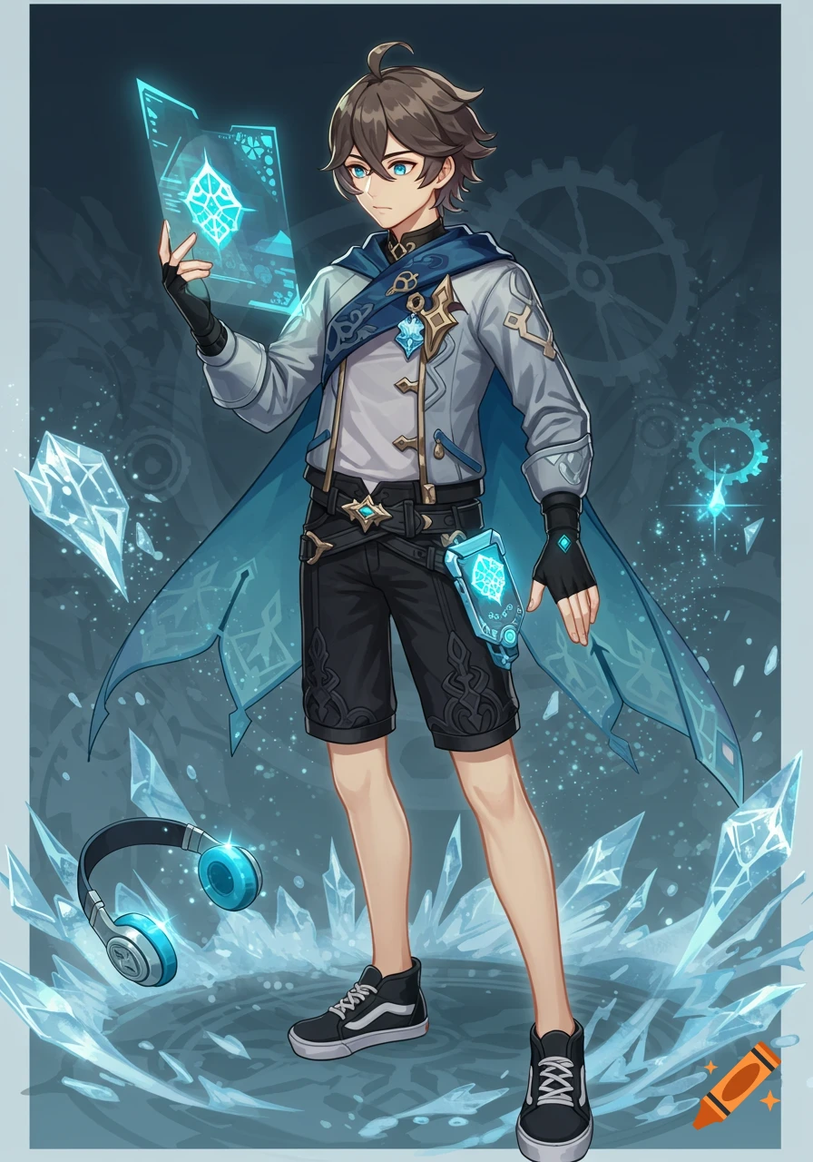 A young male anime character with brown hair and blue eyes, holding a glowing blue holographic screen, surrounded by ice and mist in a fantasy setting.